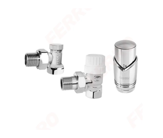 Кран радиаторный угловой Ferro set 1/2 Crome + термоголовка