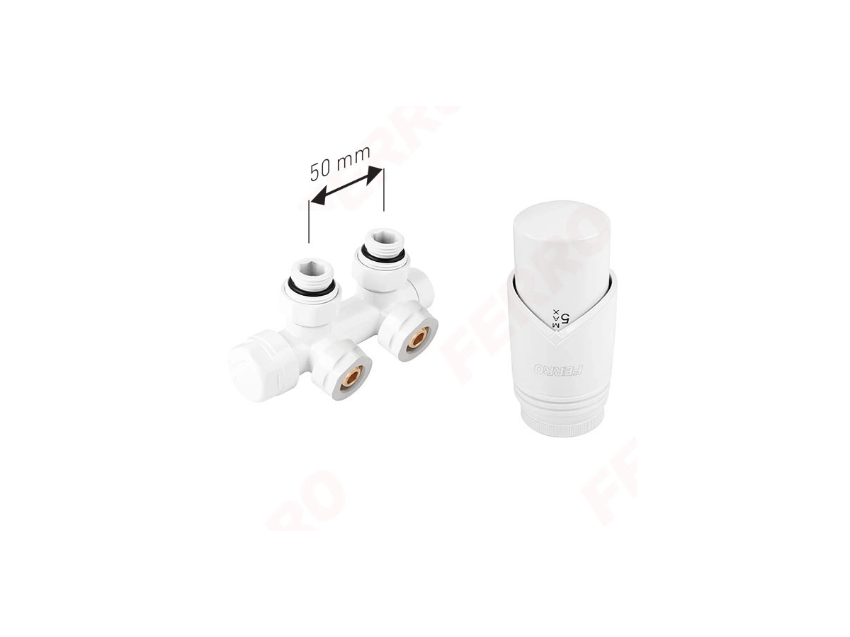 Кран радиаторный двойной Ferro 16*2 White + термоголовка