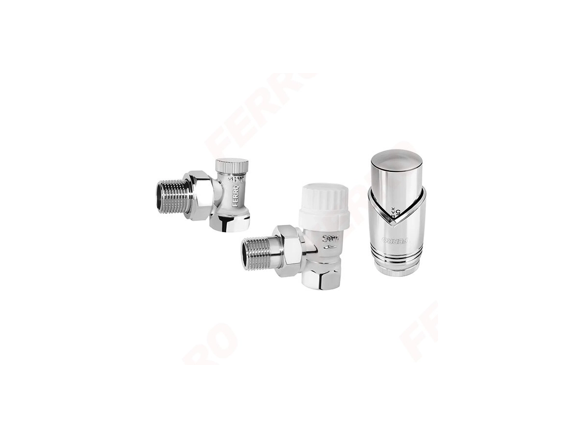 Кран радиаторный угловой Ferro set 1/2 Crome + термоголовка