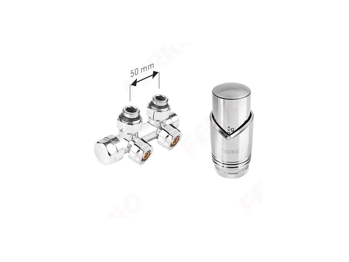 Кран радиаторный двойной Ferro 16*2 Chrome + термоголовка