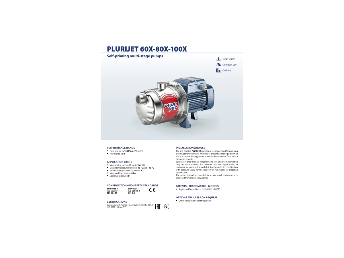 Многоступенчатый самовсасывающий электронасос Pedrollo PLURIJETm4-80