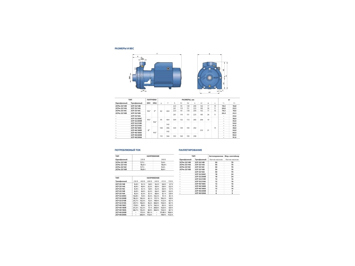 Центробежный электронасос с двумя рабочими колесами Pedrollo 2CPm25/16B (2CP25m/160B)