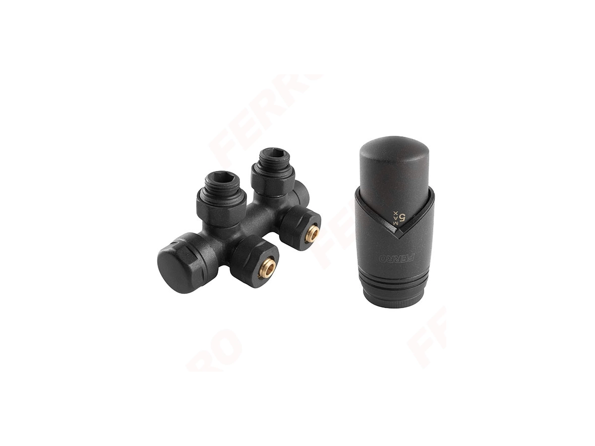 Кран радиаторный угловой Ferro set 1/2 Black + термоголовка